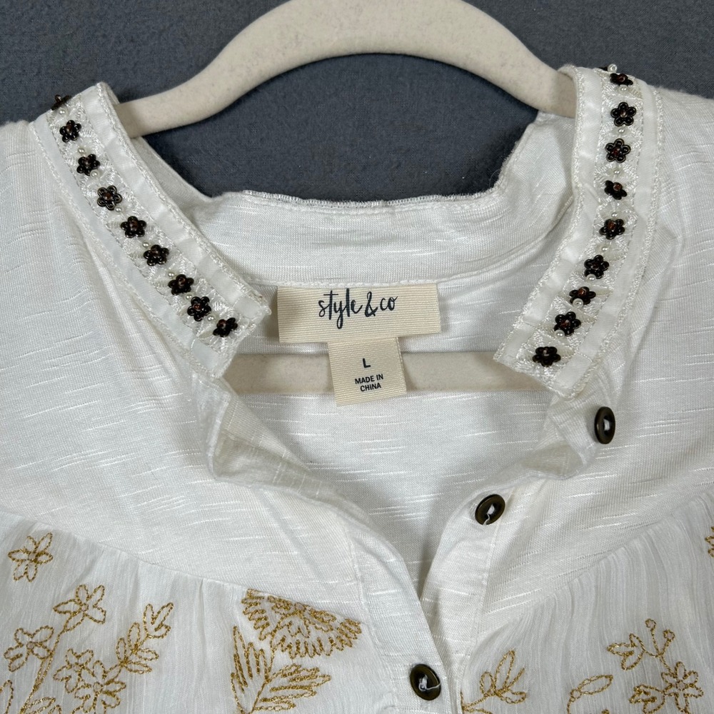 Style & Co Blouse Womens L White Gold Floral Embroidered Henley Bell Sleeve Top - Picture 7 of 7